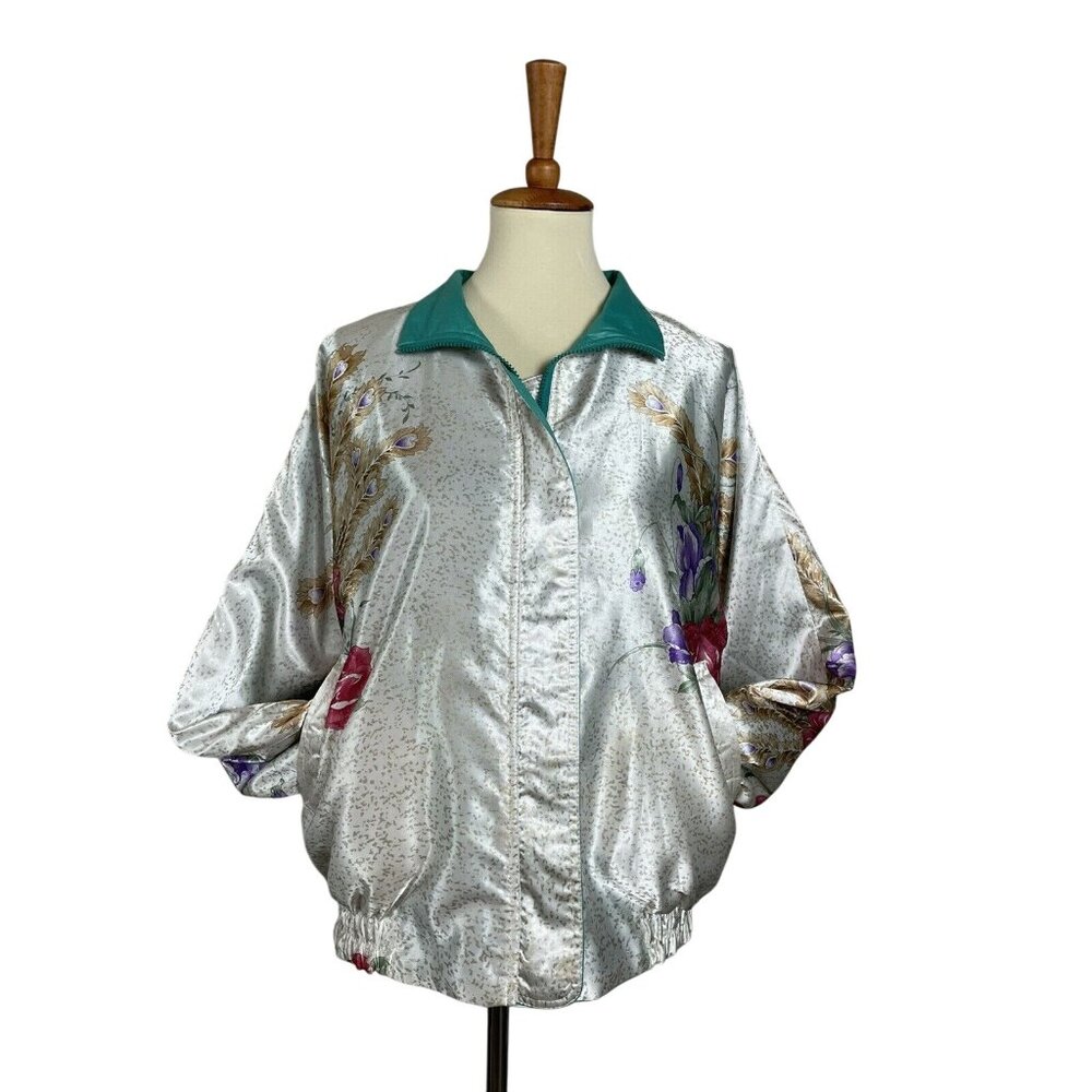 Vintage La Phia Reversible Bomber Jacket Floral Womens Size ML Teal 1980s